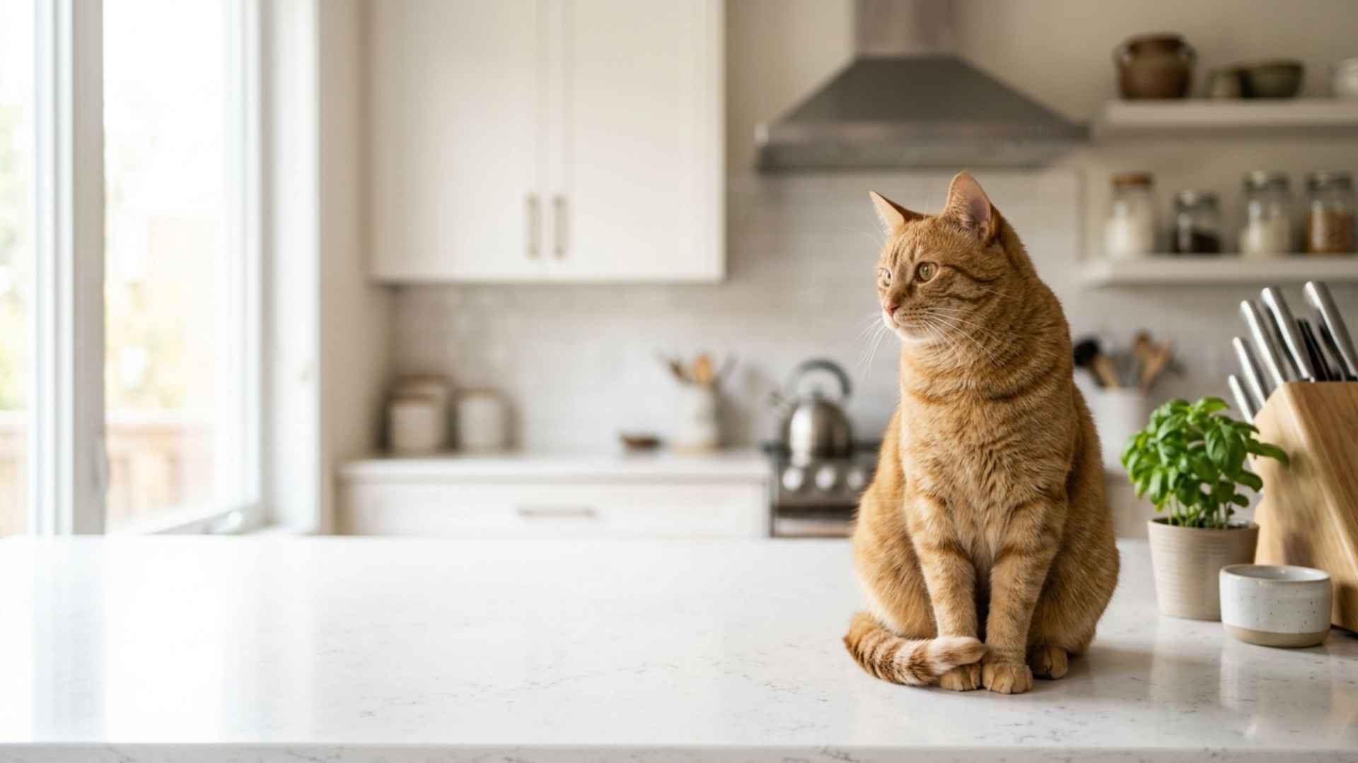gato subido a la encimera de la cocina